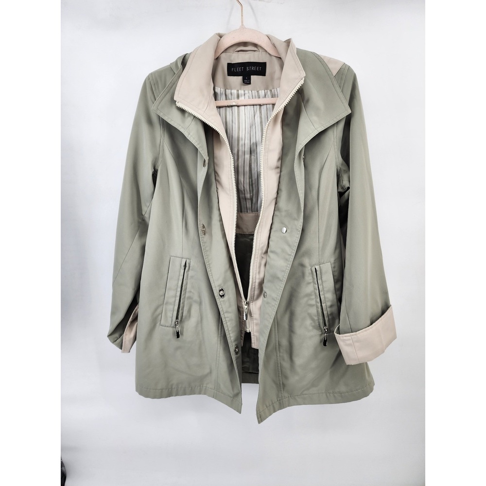 Fleet Street Womens Sage Green Hooded Utility Rain Jacket Size Small F-196